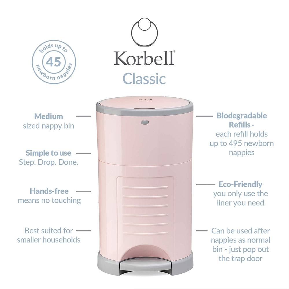 Korbell Classic 16 Litre Nappy Bin Bundle (with free liner) - Pink