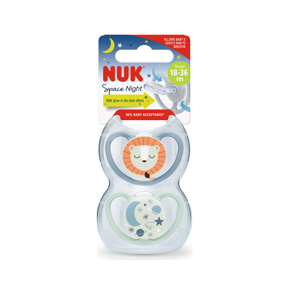 NUK Glow in the Dark Space Silicone Soother 2 Pack - Lion