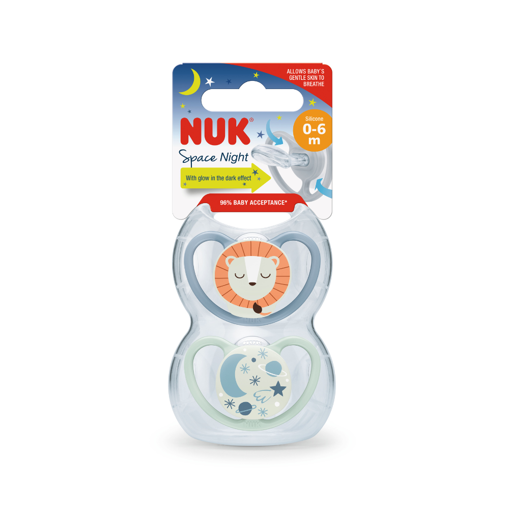 NUK Glow in the Dark Space Silicone Soother 2 Pack - Lion