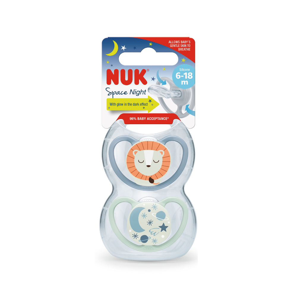 NUK Glow in the Dark Space Silicone Soother 2 Pack - Lion