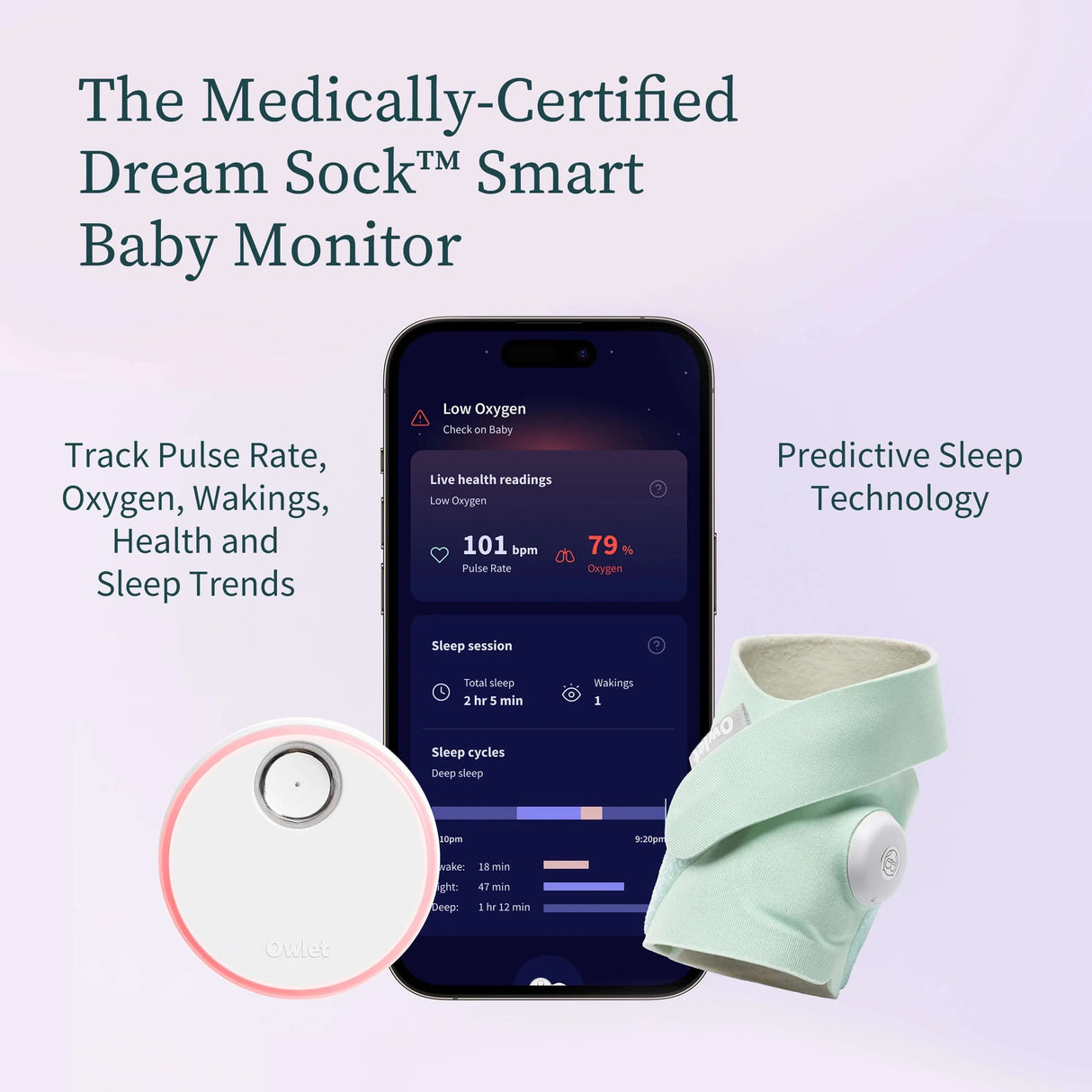 Smart baby monitor device with app interface on a smartphone, featuring text about features.