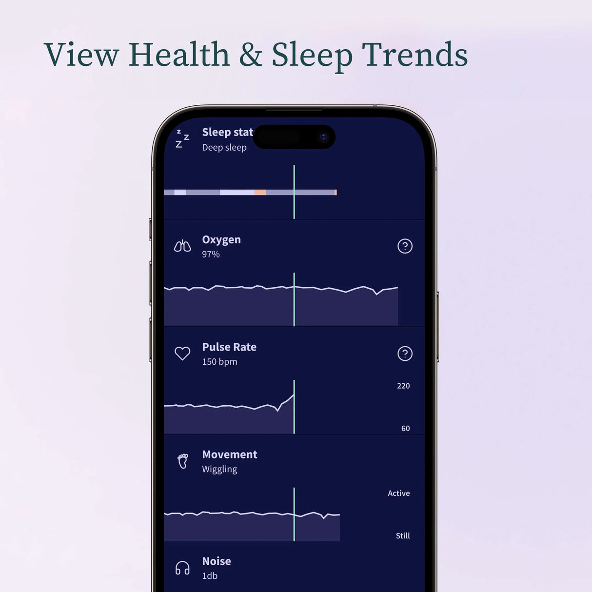 Smartphone displaying health and sleep monitoring app on a light purple background