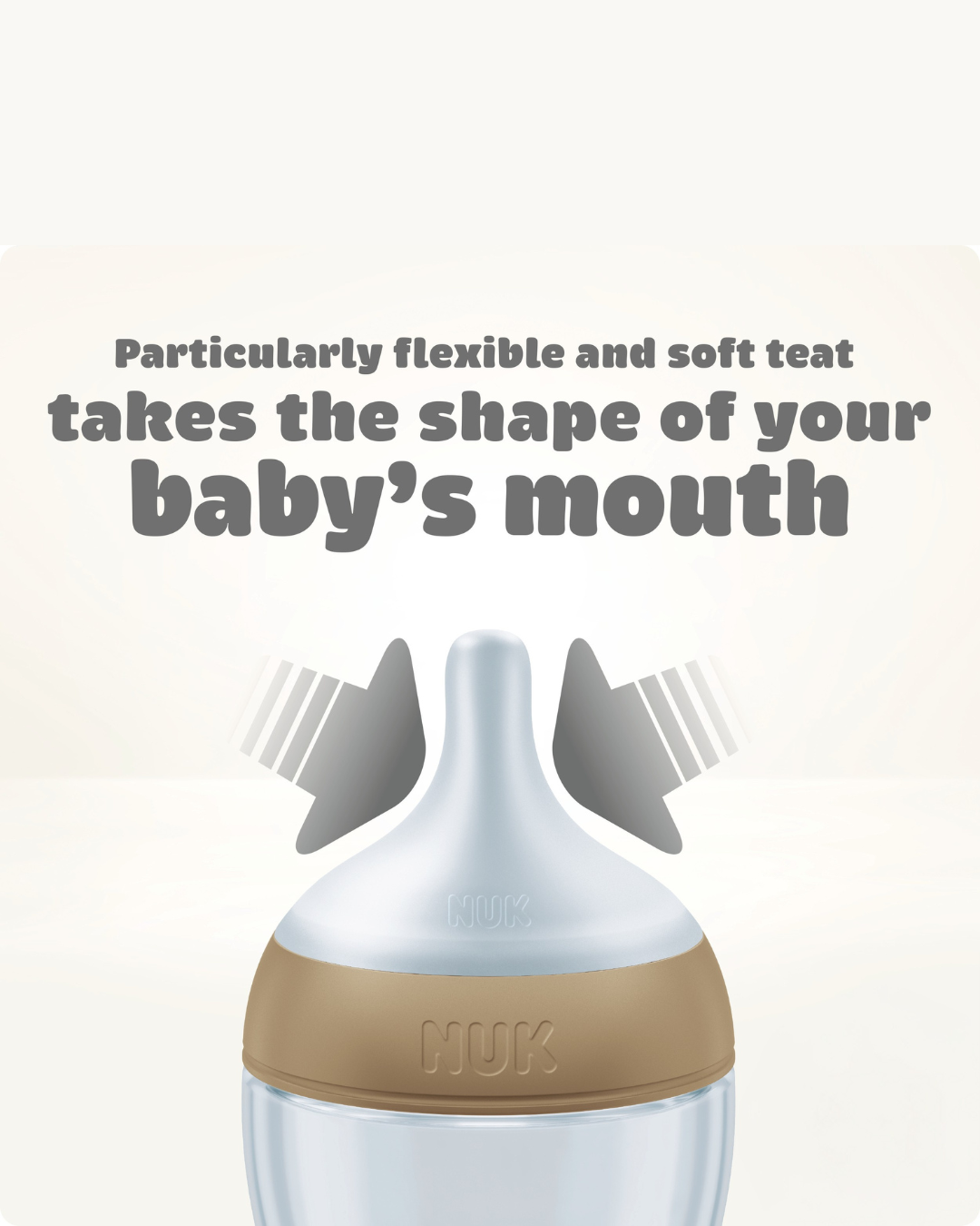 NUK baby bottle with text about flexible and soft teat design on a light gray background