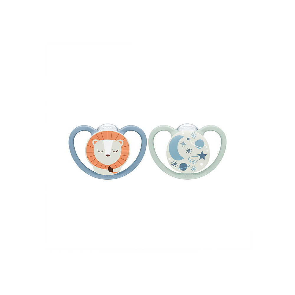 NUK Glow in the Dark Space Night Silicone Soother 2 Pack- Lion - ShopBaby