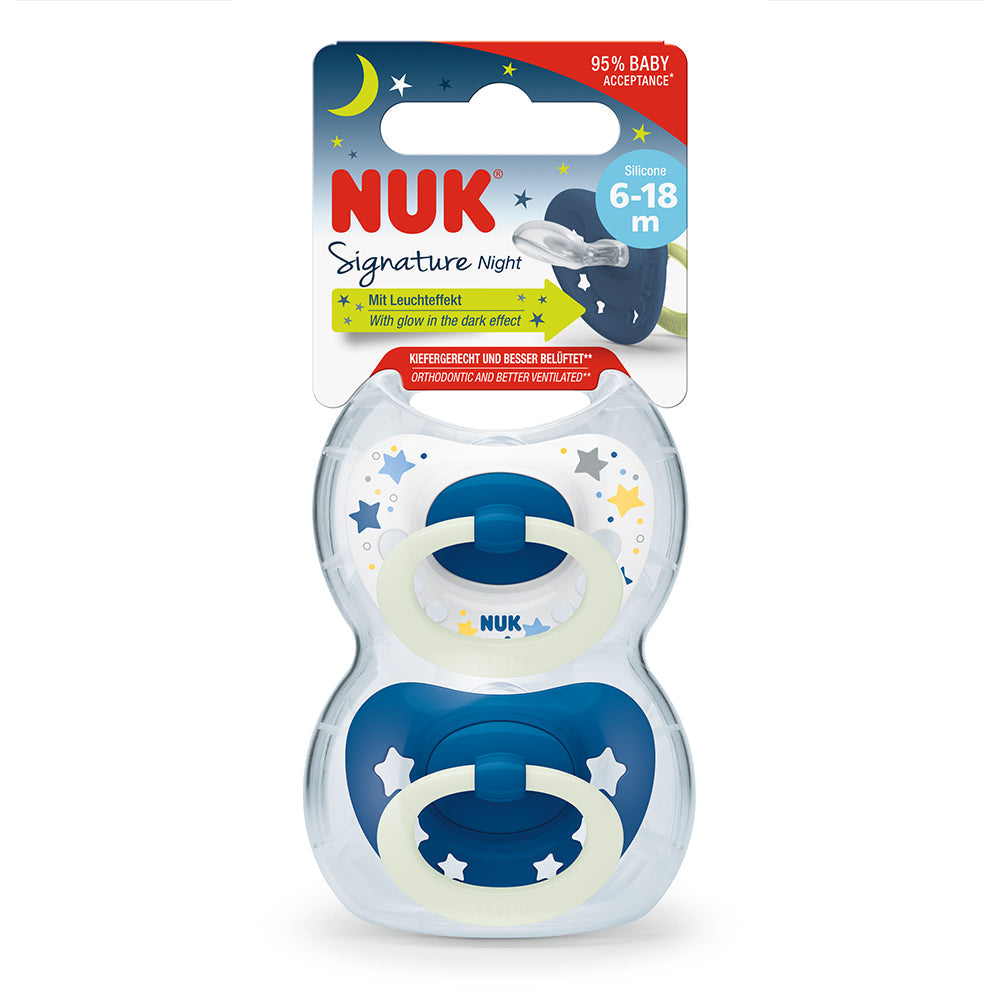 NUK Glow In the Dark Signature Night Silicone Soother 2 Pack - Blue/Stars
