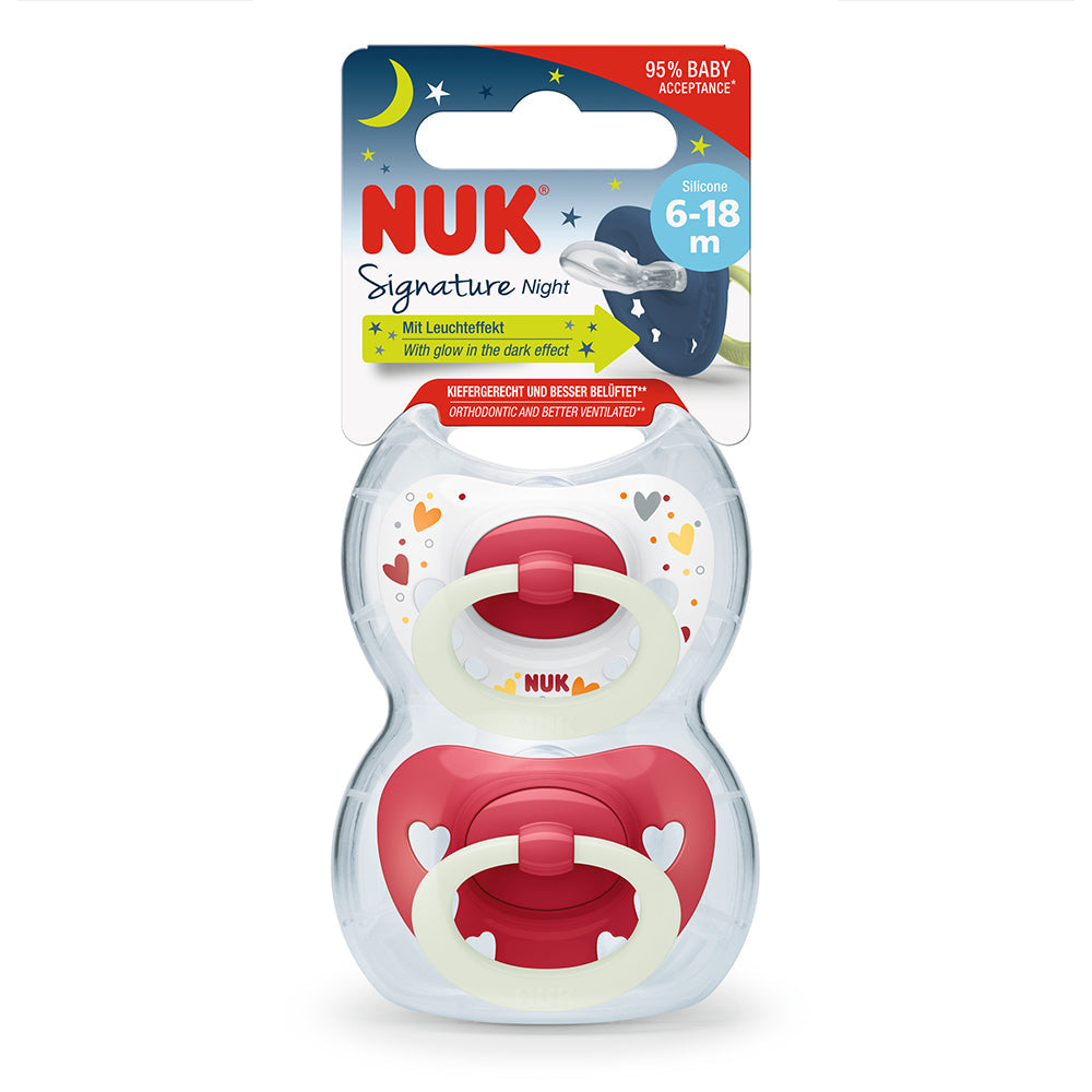 NUK Glow in The Dark Signature Night Silicone Soother 2 Pack - Red/Hearts