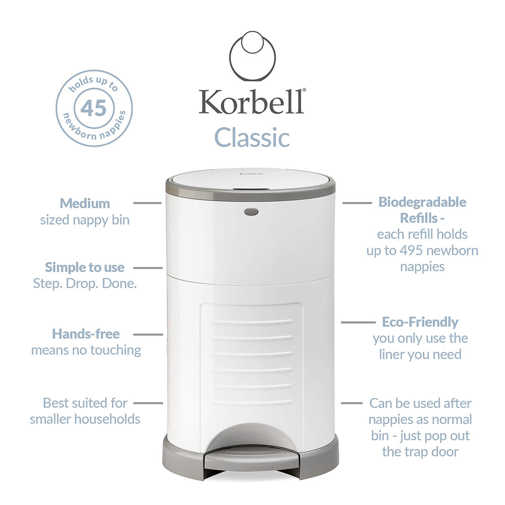 Korbell Classic 16 Litre Nappy Bin Bundle (with free liner) - White