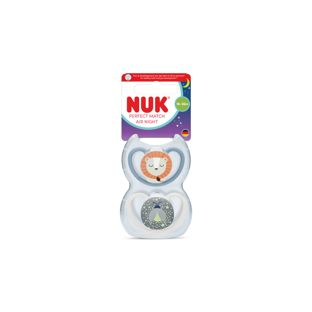 NUK Perfect Match Air Night Silicone Soother 2 Pack - Lion/Firefly