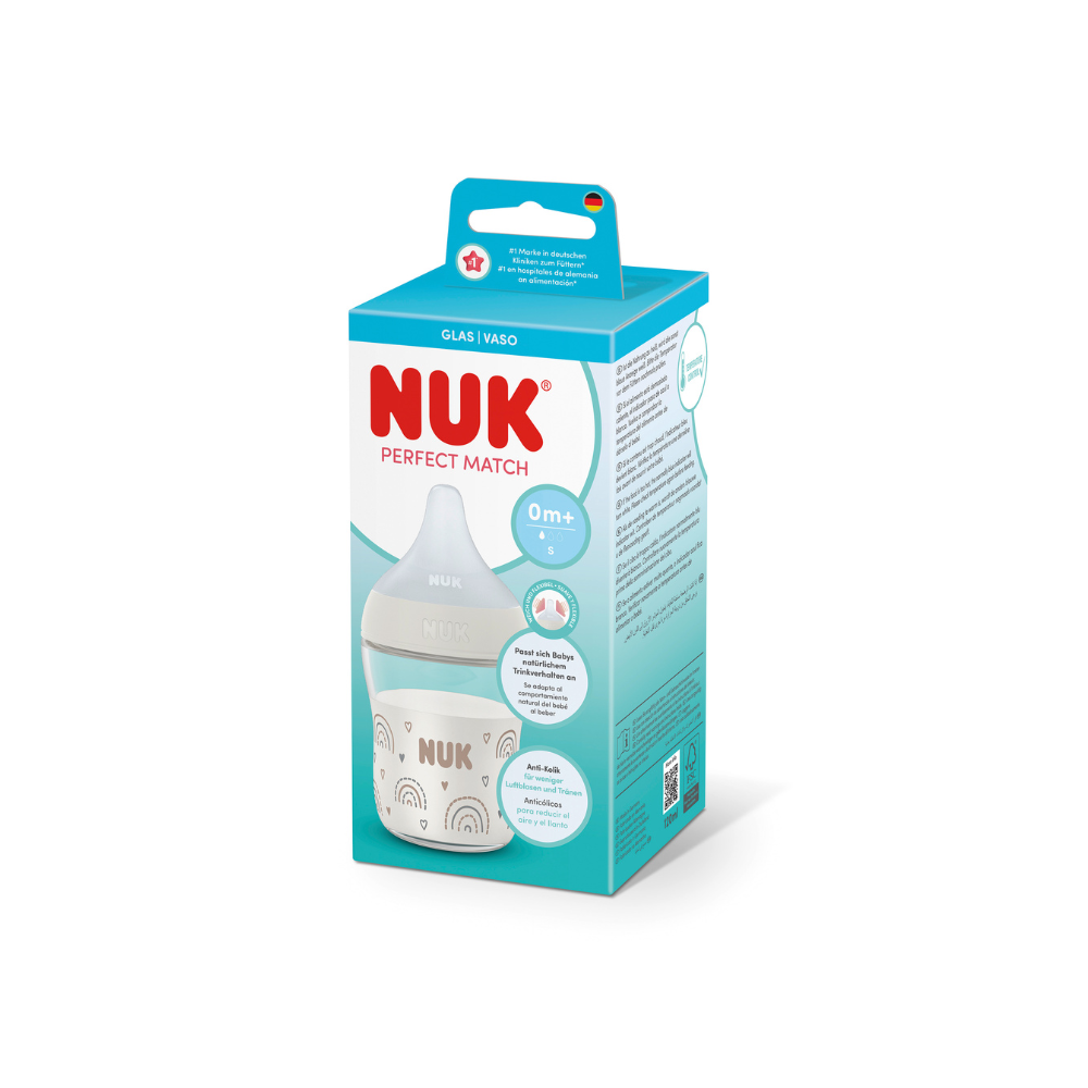 NUK Perfect Match Glass Bottle with Soft and Flexible Silicone Teat 120ml - Rainbow