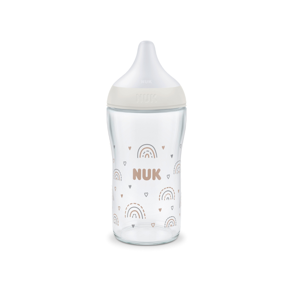 NUK Perfect Match Glass Bottle with Soft and Flexible Silicone Teat 230ml - Rainbow