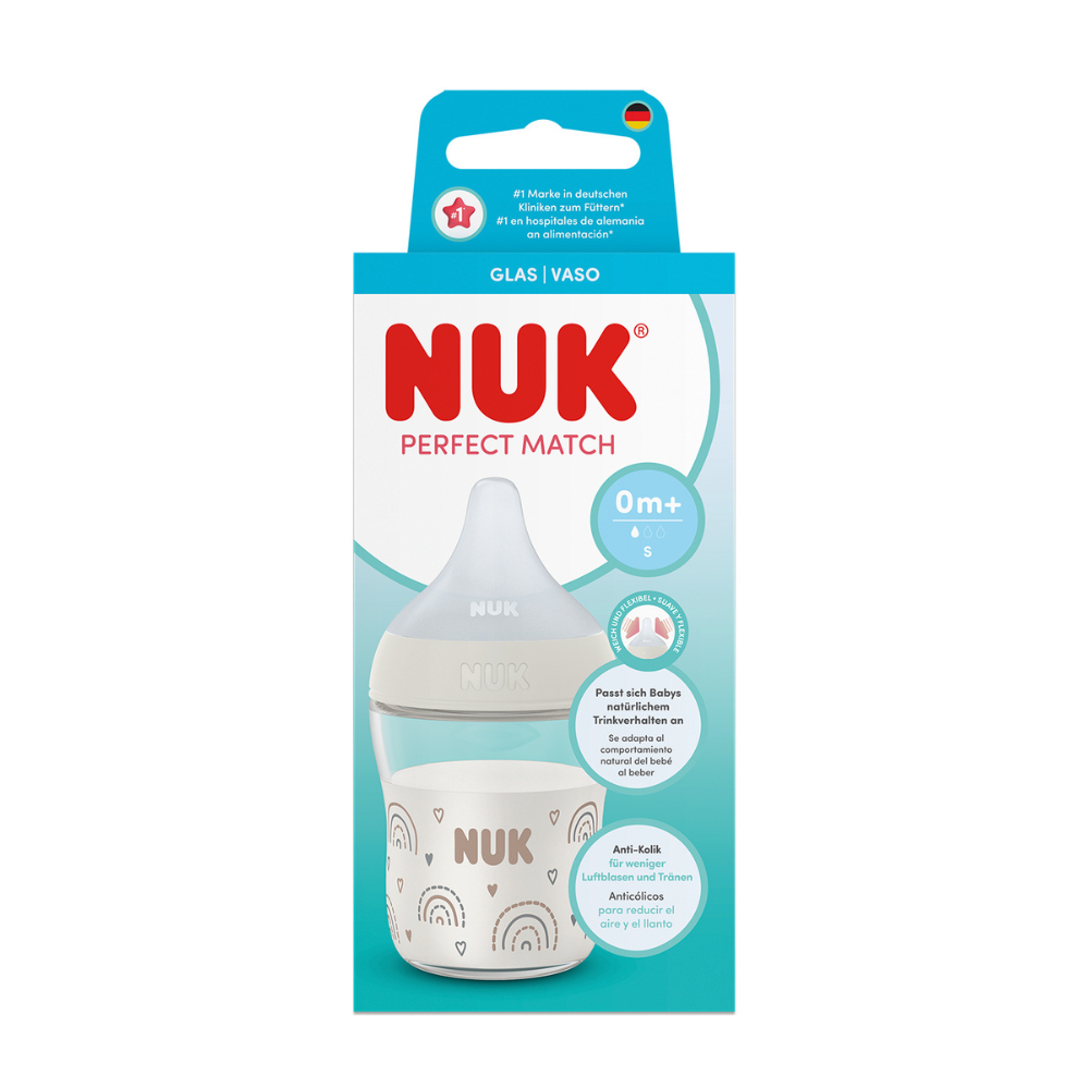 NUK Perfect Match Glass Bottle with Soft and Flexible Silicone Teat 120ml - Rainbow