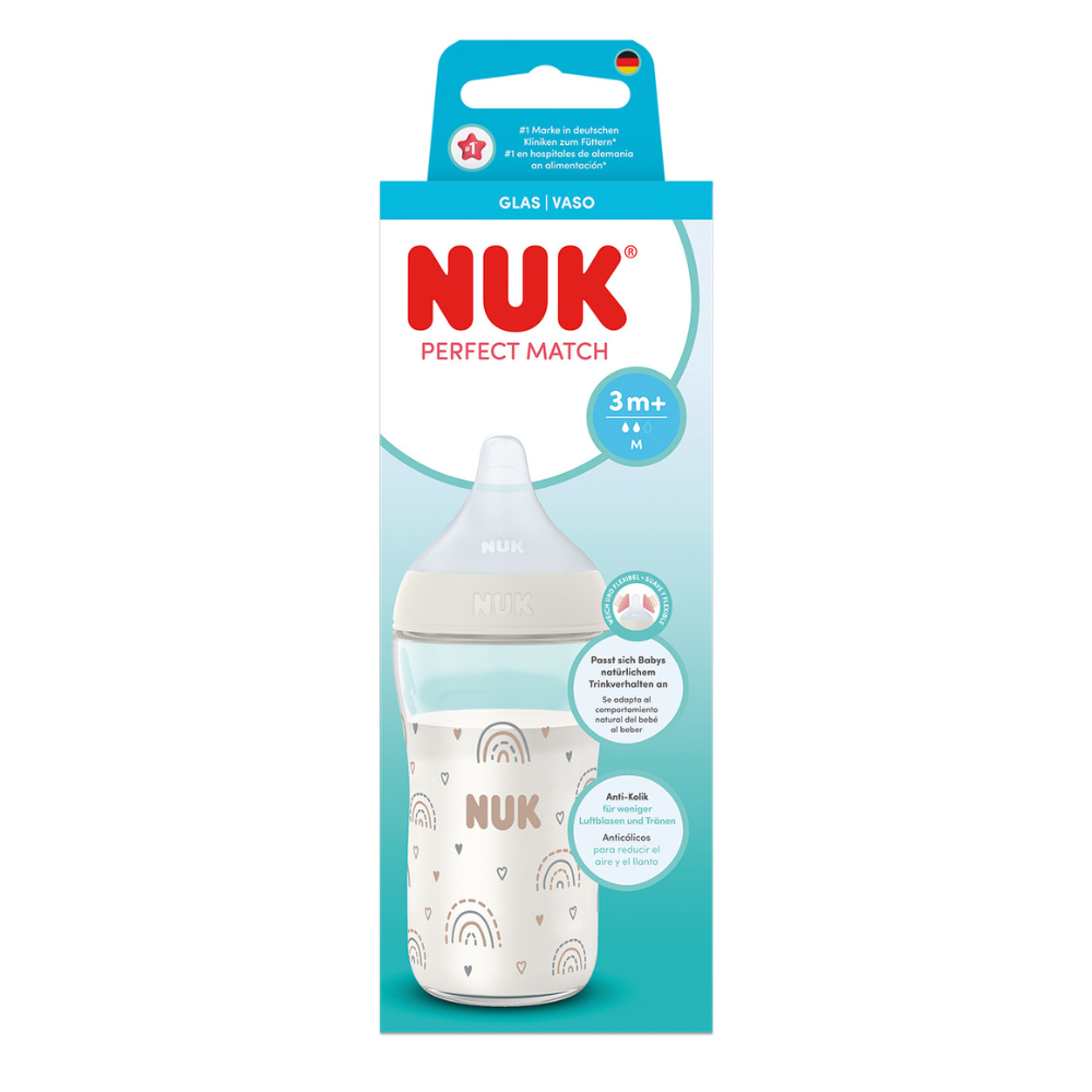 NUK Perfect Match Glass Bottle with Soft and Flexible Silicone Teat 230ml - Rainbow
