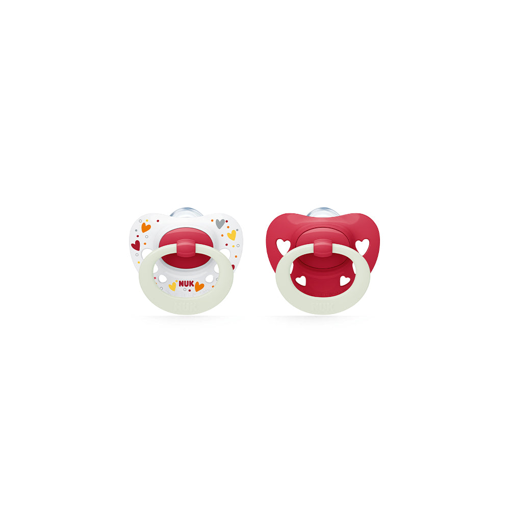 NUK First Choice Glow in The Dark Signature Night Silicone Soother 2 Pack- Red/Hearts - ShopBaby