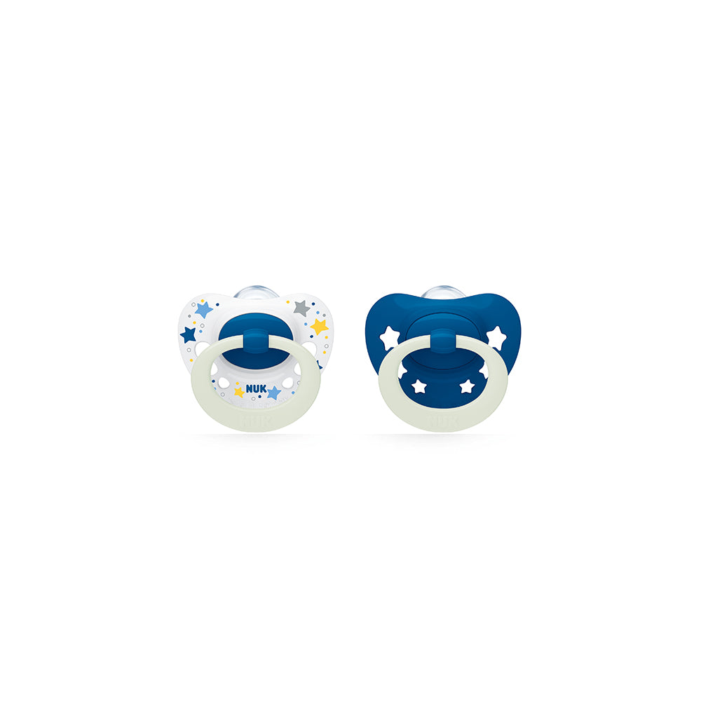 NUK Glow In the Dark Signature Night Silicone Soother 2 Pack- Blue/Stars - ShopBaby