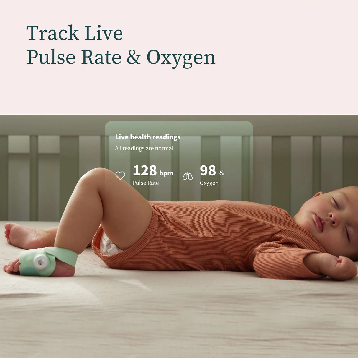 Child lying in bed with a health monitor on their wrist, displaying pulse rate and oxygen levels.