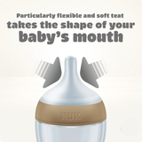 NUK baby bottle nipple with text about its flexibility and softness