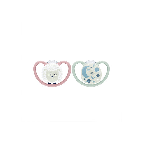 NUK Glow in the Dark Space night Silicone Soother 2 Pack- Sheep - ShopBaby
