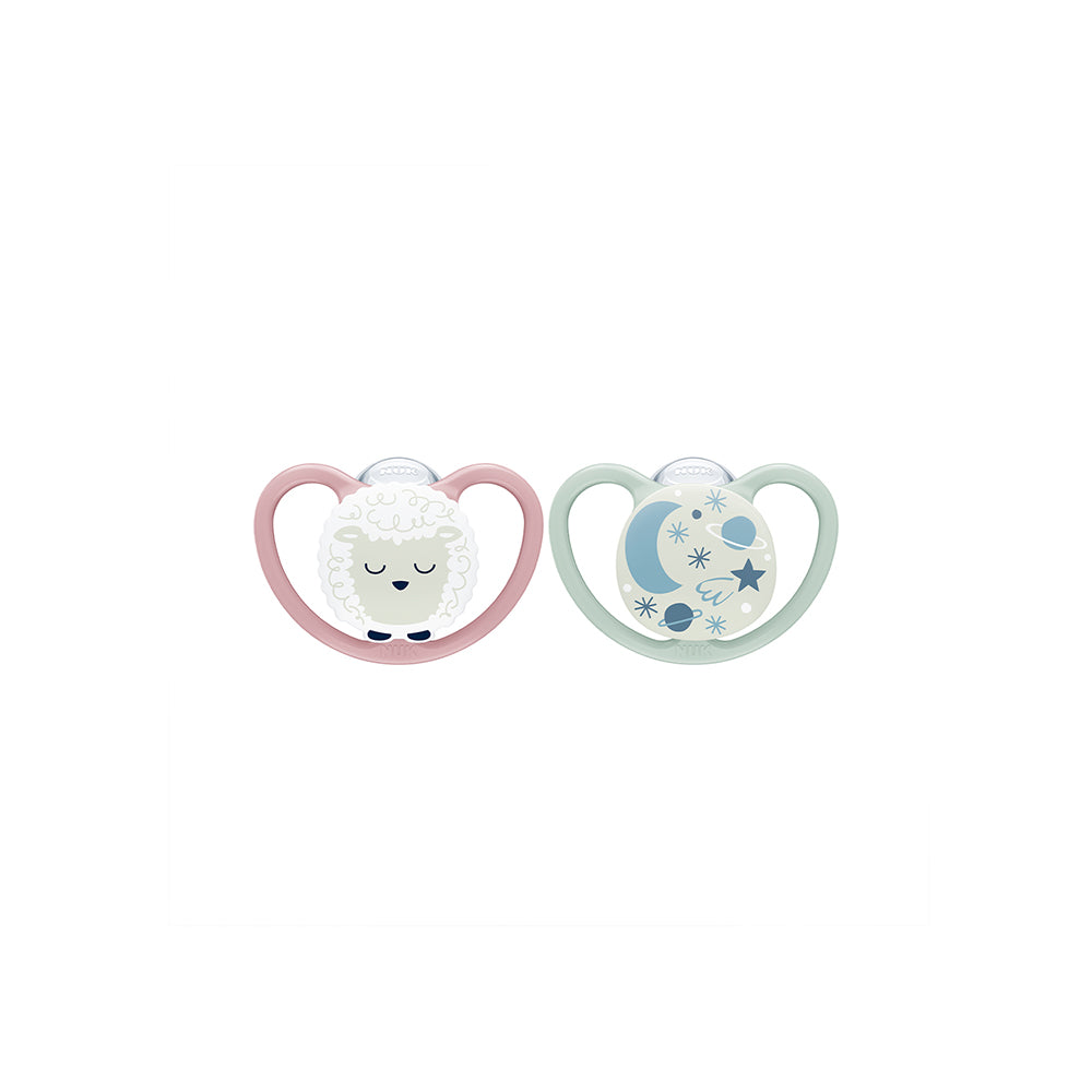 NUK Glow in the Dark Space night Silicone Soother 2 Pack- Sheep - ShopBaby