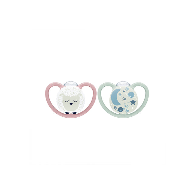 NUK Glow in the Dark Space night Silicone Soother 2 Pack- Sheep - ShopBaby