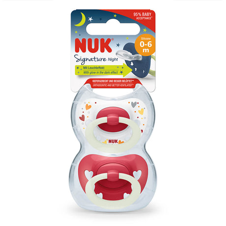NUK Glow in The Dark Signature Night Silicone Soother 2 Pack - Red/Hearts