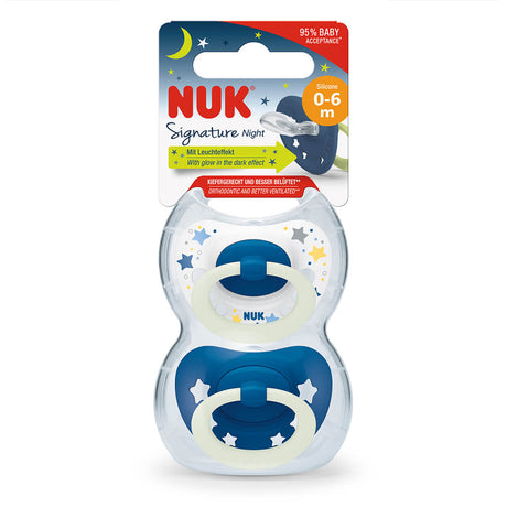 NUK Glow In the Dark Signature Night Silicone Soother 2 Pack - Blue/Stars