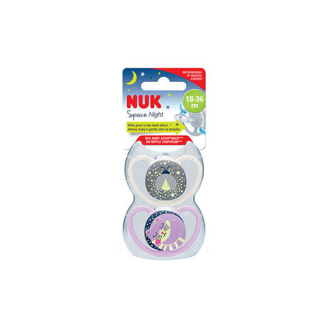 NUK Glow in the Dark Space Silicone Soother 2 Pack -Cat/Firefly