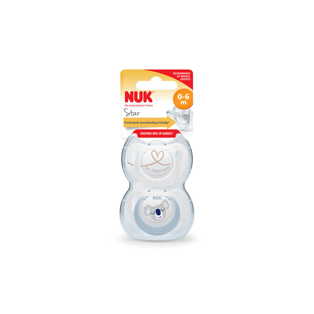 NUK Star Night & Day fopspeen voor baby's | 0-6 maanden | Lutscher in het donker | Silicone vrij BPA | Blue Coala | 2 stuks NUK Star Night & Day fopspeen voor baby's | 0-6 maanden | Lutscher in het donker | Silicone vrij BPA | Blue Coala | 2 stuks